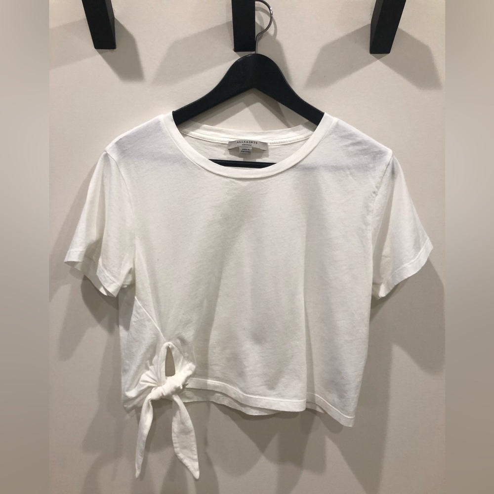 All Saints cropped white tee with side tie detail.